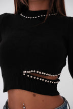 Waist Cut-Out Stone Detailed Black Knit Sweater