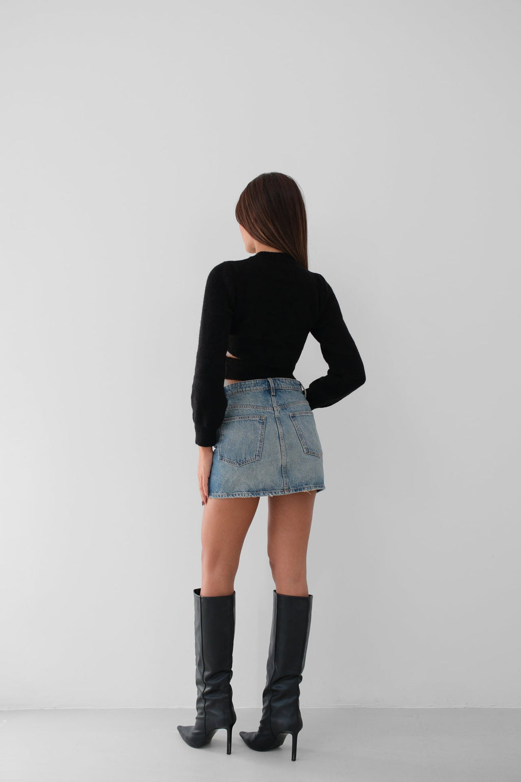 Waist Cut-Out Stone Detailed Black Knit Sweater