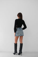 Waist Cut-Out Stone Detailed Black Knit Sweater