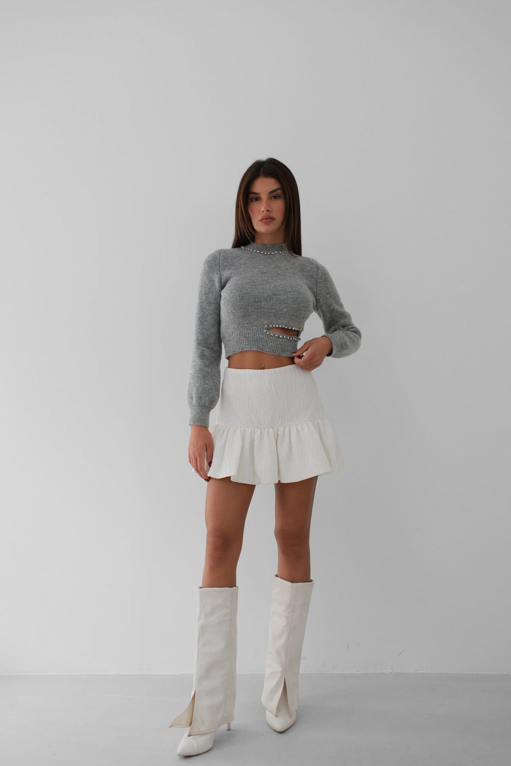 Waist Cut-Out Stone Detailed Gray Knit Sweater