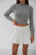 Waist Cut-Out Stone Detailed Gray Knit Sweater