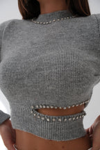 Waist Cut-Out Stone Detailed Gray Knit Sweater