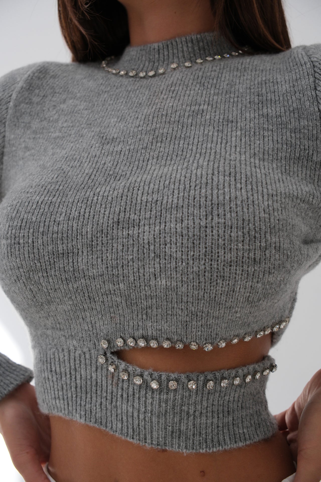 Waist Cut-Out Stone Detailed Gray Knit Sweater