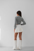 Waist Cut-Out Stone Detailed Gray Knit Sweater