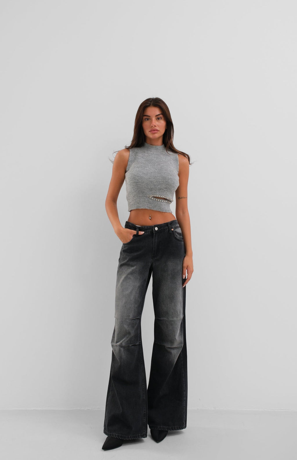 Waist Cut-Out Stone Detail Knit Gray Blouse