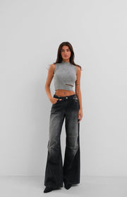 Low-Cut Stone Knitted Gray Blouse