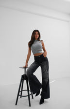 Waist Cut-Out Stone Detail Knit Gray Blouse
