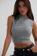 Waist Cut-Out Stone Detail Knit Gray Blouse