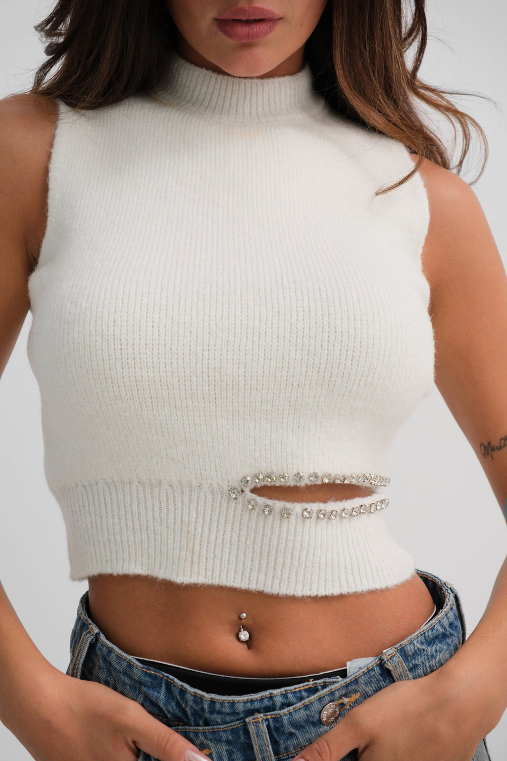Waist Cut-Out Stone Detail Knit Ecru Blouse