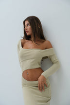 Waist Detay One Shoulder Beige Knit Dress