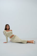 Waist Detay One Shoulder Beige Knit Dress