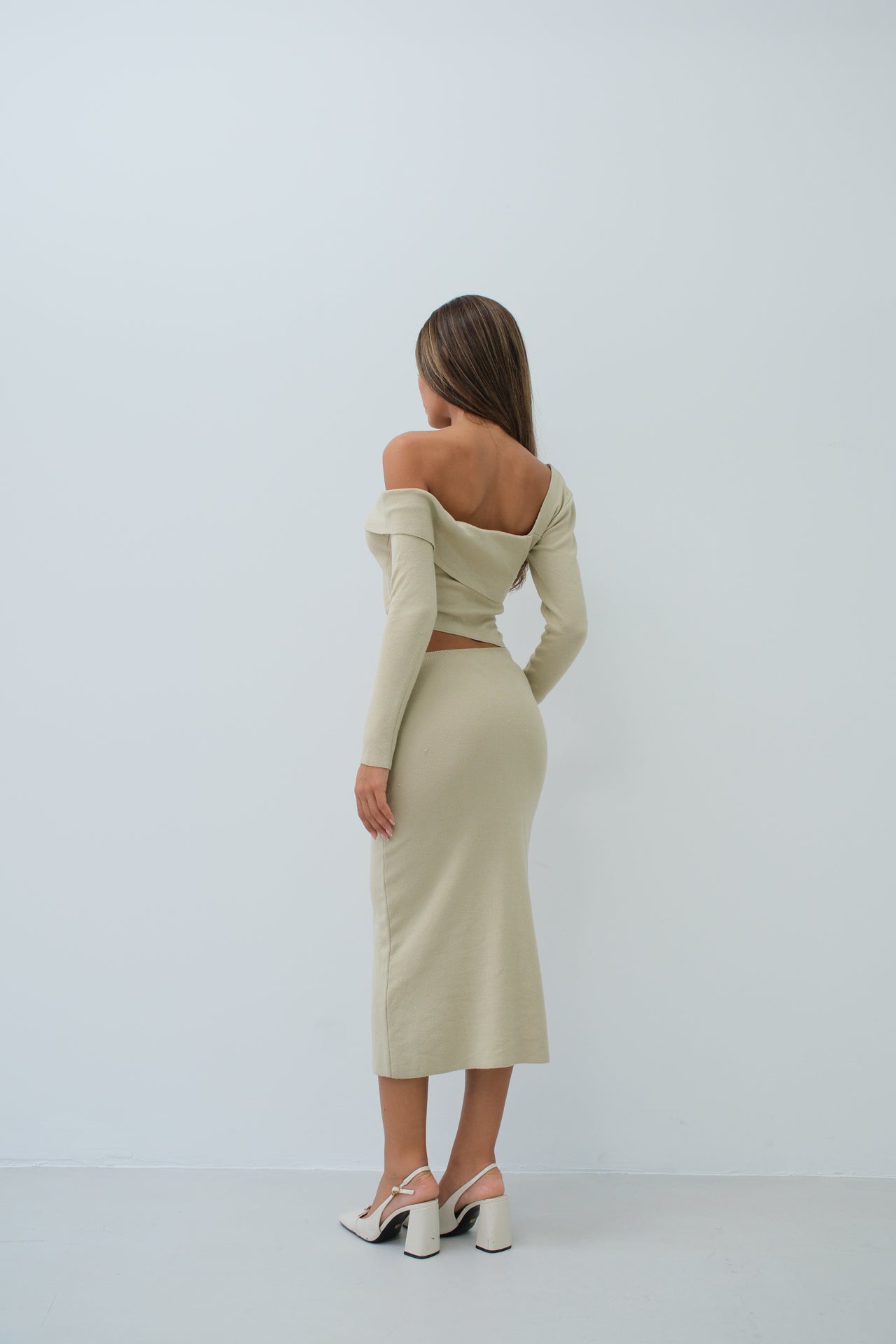 Waist Detay One Shoulder Beige Knit Dress
