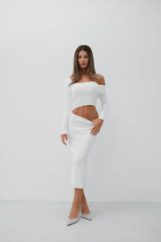 Waist Detail One Shoulder Ecru Knit Dress
