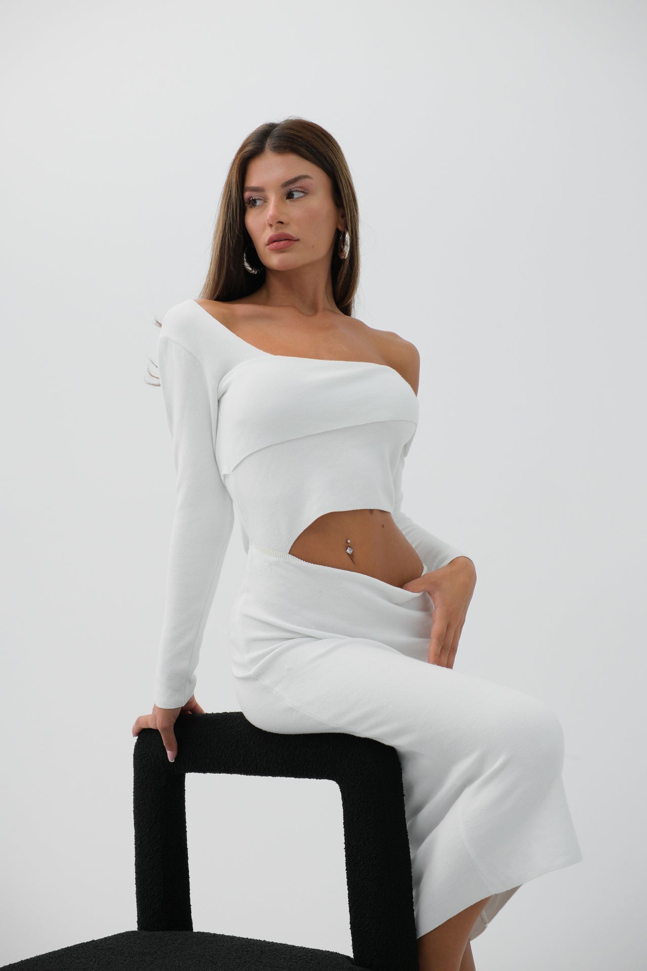 Waist Detail One Shoulder Ecru Knit Dress