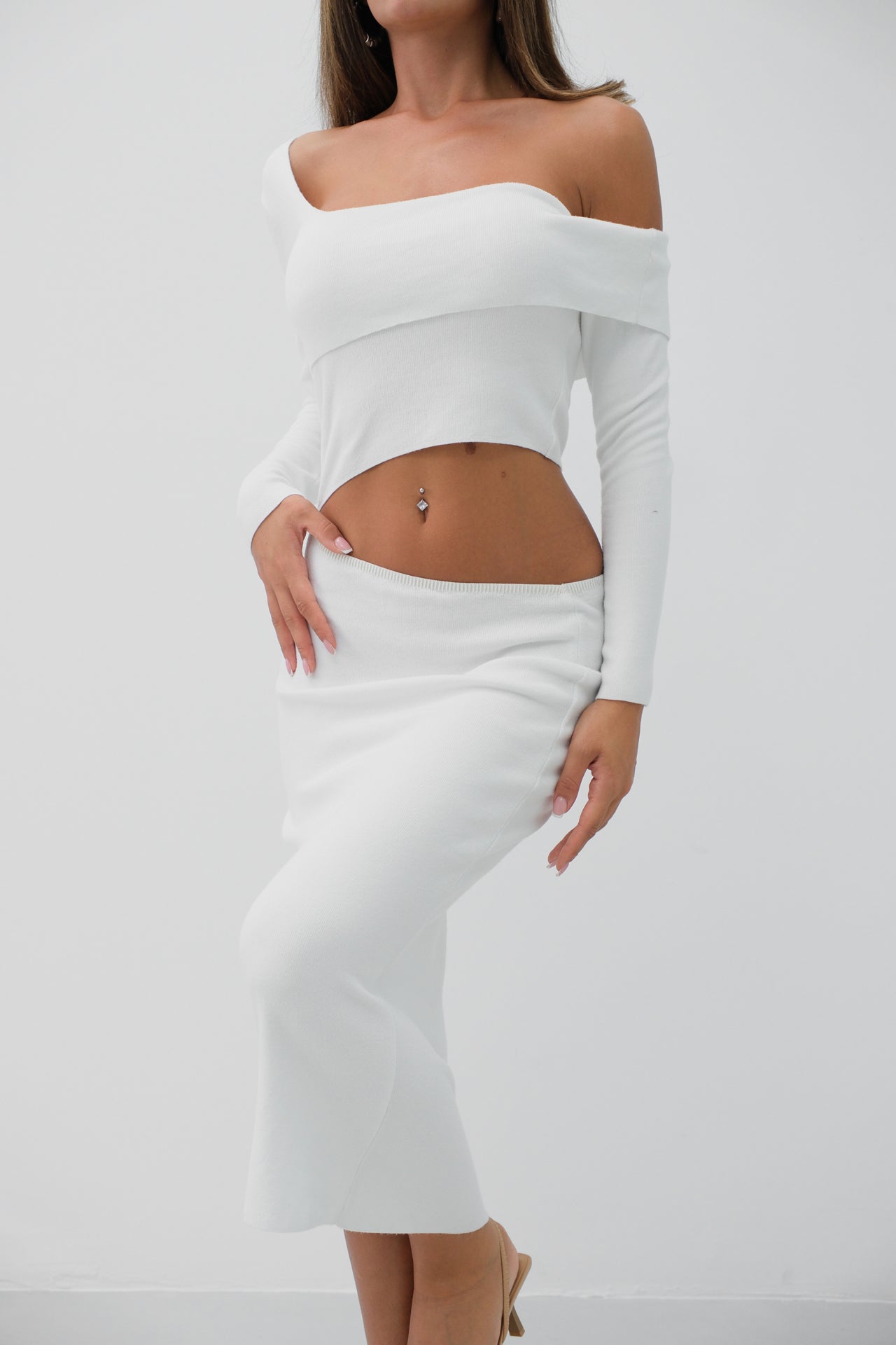 Waist Detail One Shoulder Ecru Knit Dress