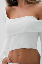 Waist Detail One Shoulder Ecru Knit Dress