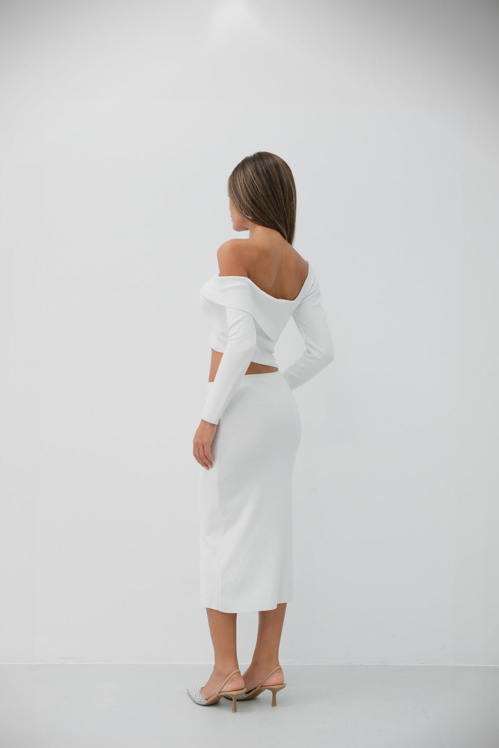Waist Detail One Shoulder Ecru Knit Dress