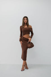 Waist Detail One Shoulder Brown Knit Dress