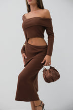 Waist Detay One Shoulder Brown Knit Dress