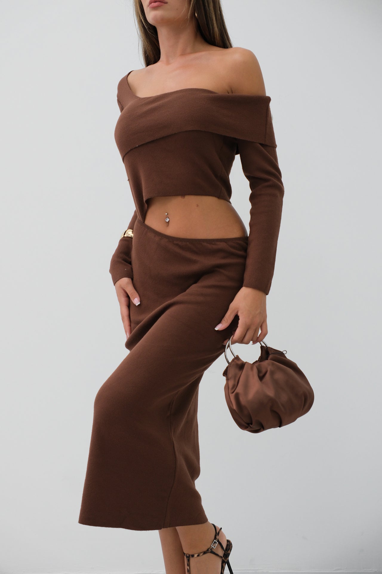 Waist Detay One Shoulder Brown Knit Dress
