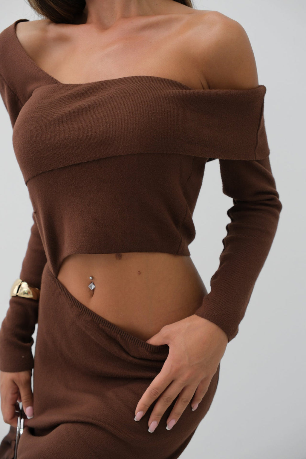 Waist Detay One Shoulder Brown Knit Dress