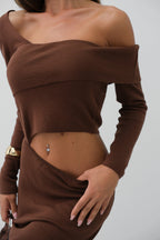 Waist Detay One Shoulder Brown Knit Dress