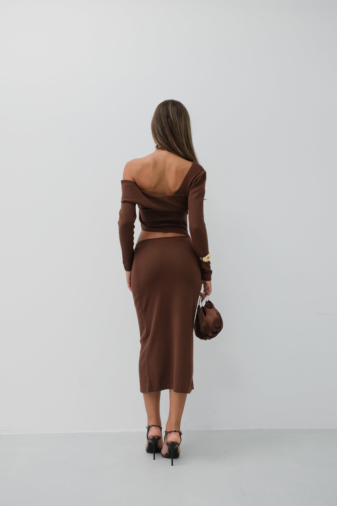 Waist Detay One Shoulder Brown Knit Dress