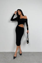 Waist Detail One Shoulder Black Knit Dress
