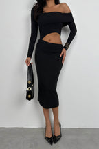 Waist Detail One Shoulder Black Knit Dress