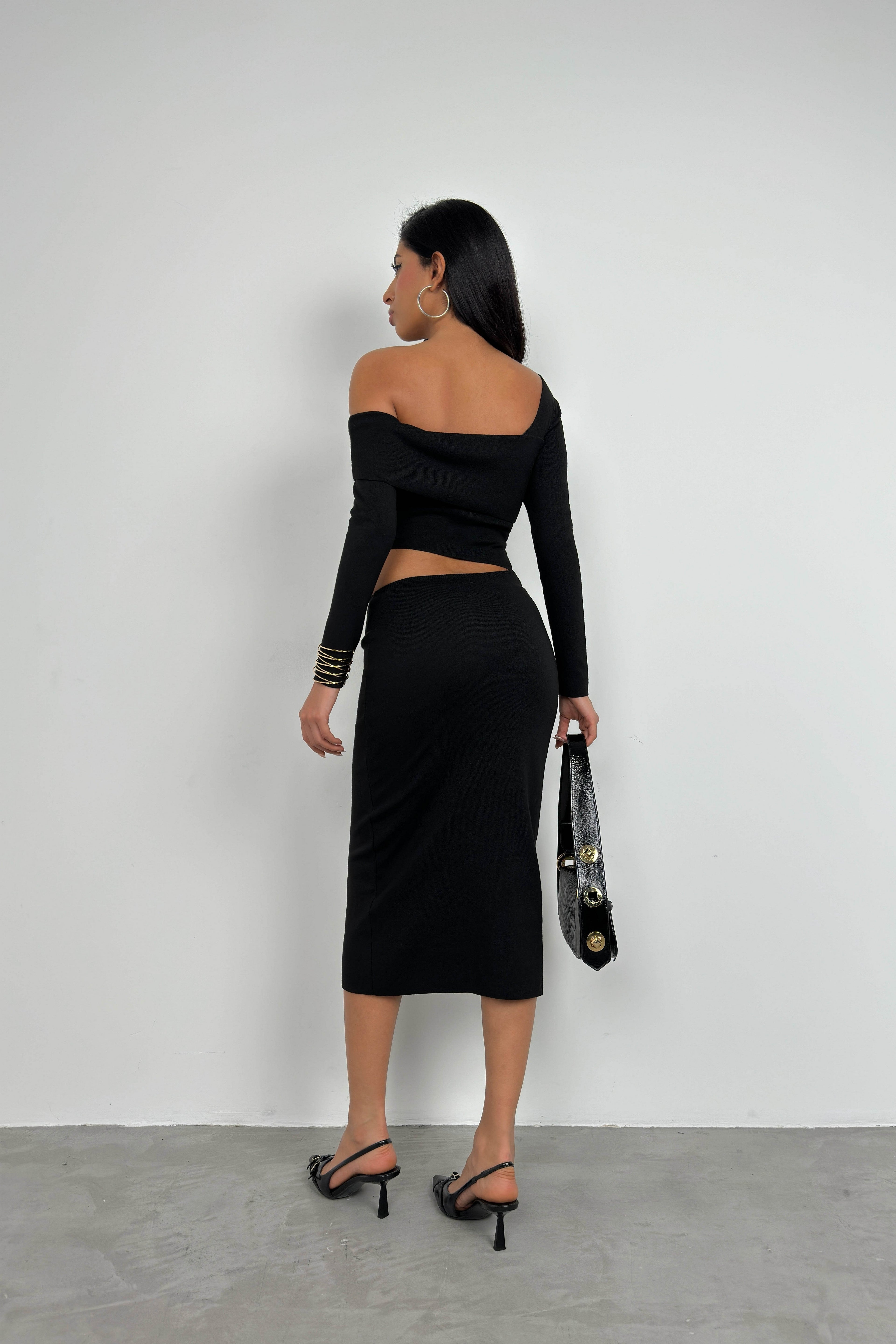 Waist Detail One Shoulder Black Knit Dress