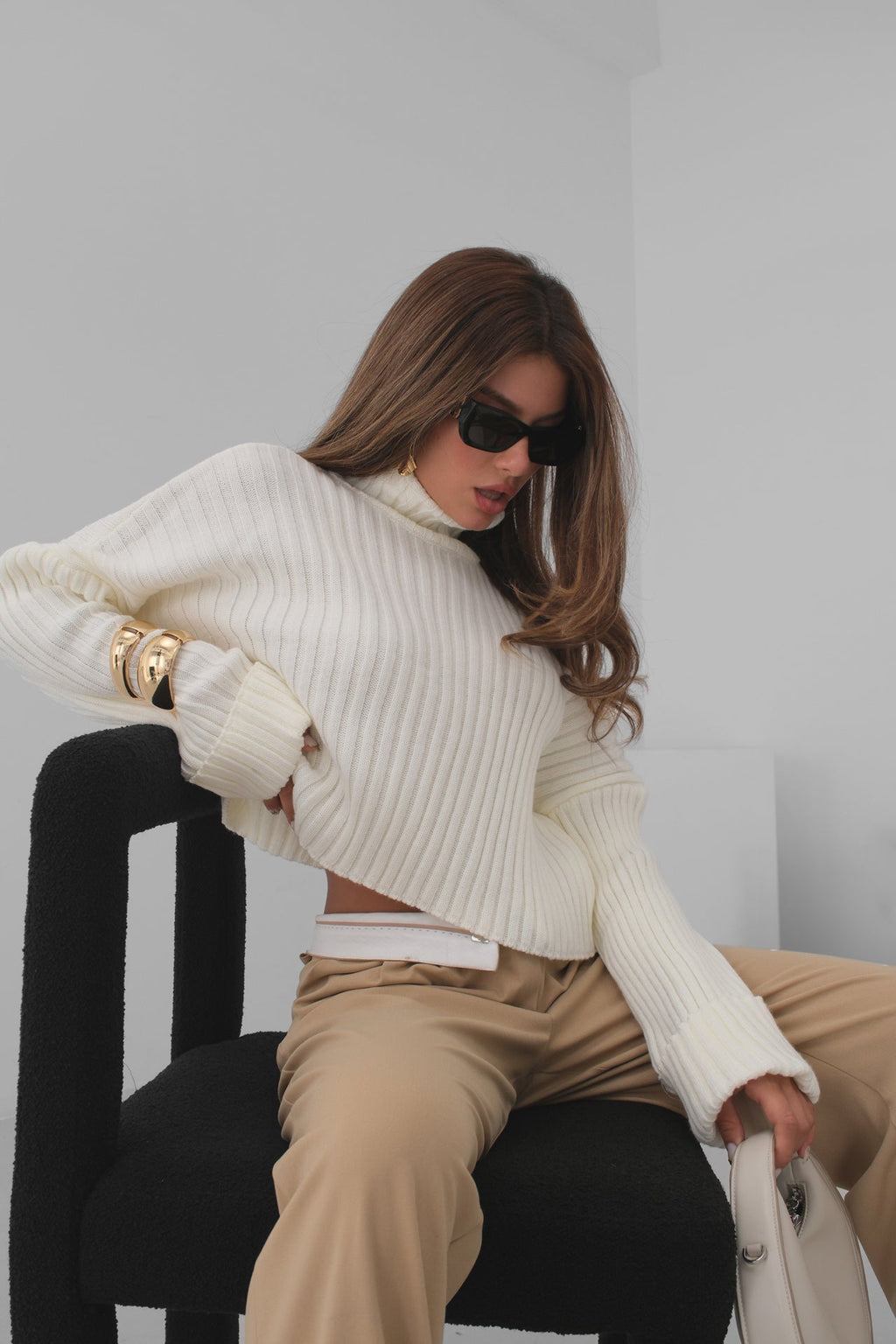 Foldover Waist Light Beige Palazzo Pants