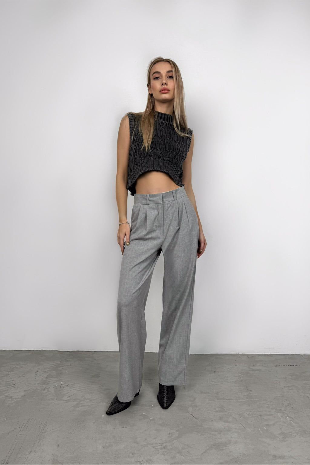 Foldover Waist Light Gray Palazzo Pants