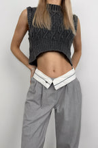 Foldover Waist Light Gray Palazzo Pants