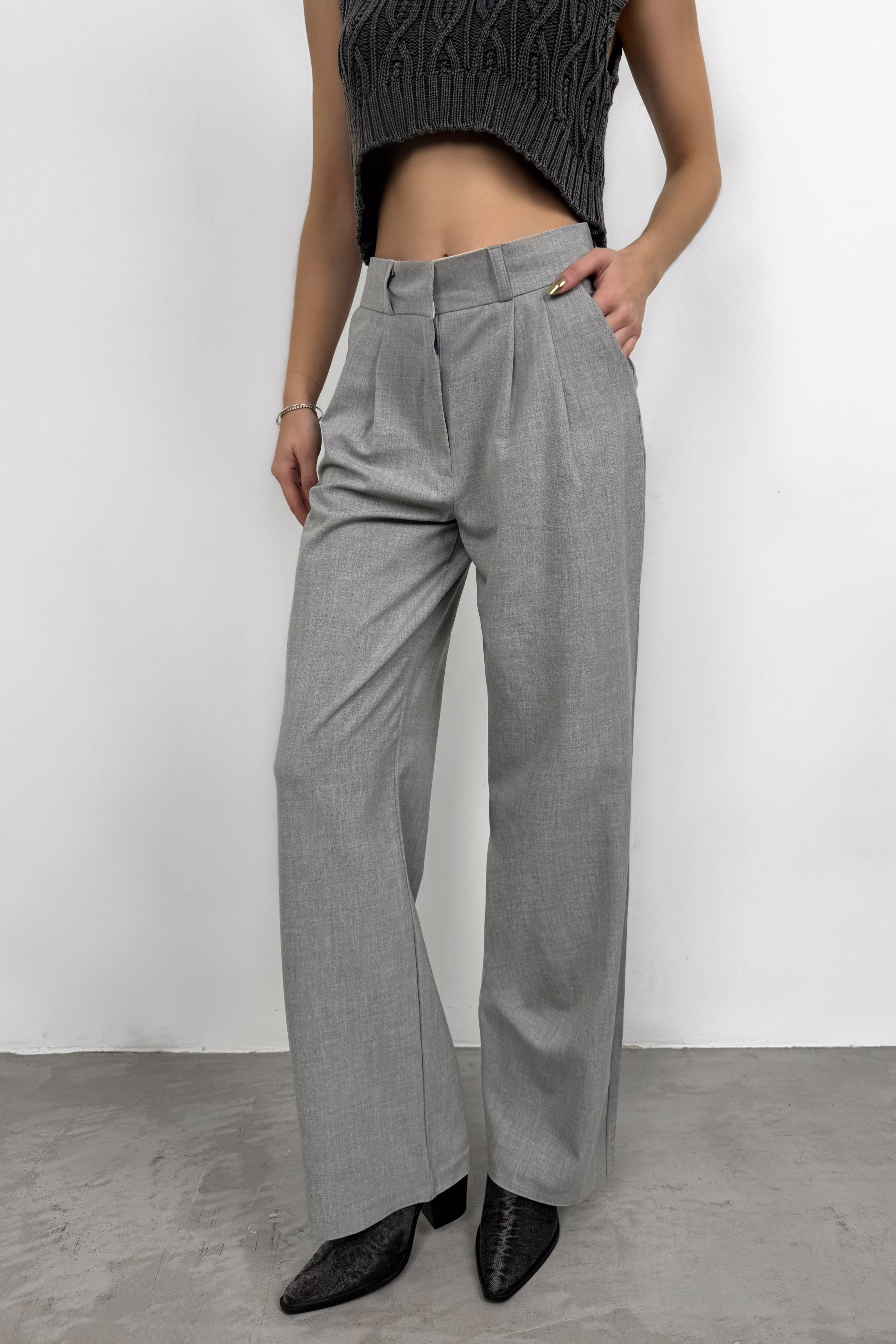 Foldover Waist Light Gray Palazzo Pants
