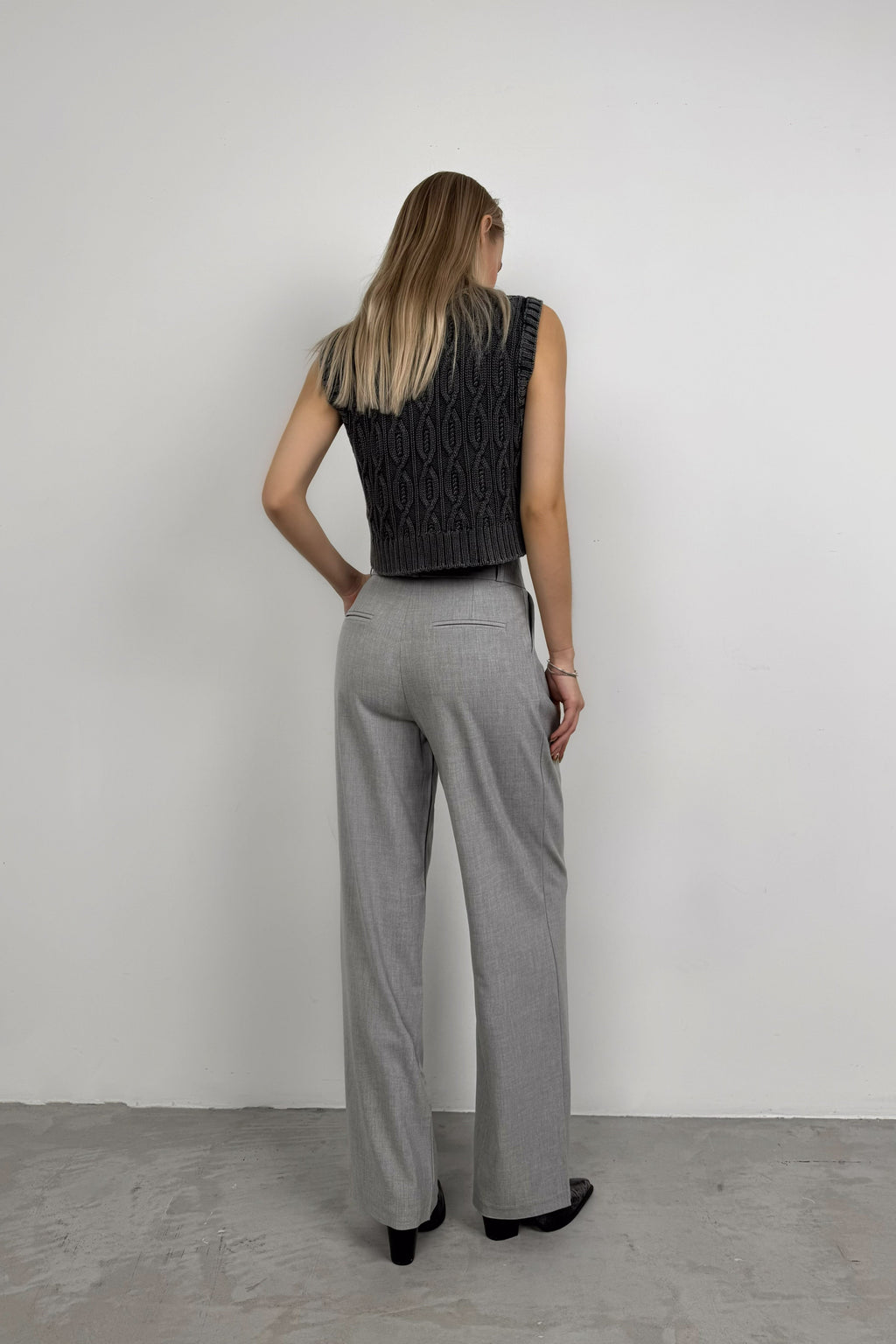 Foldover Waist Light Gray Palazzo Pants