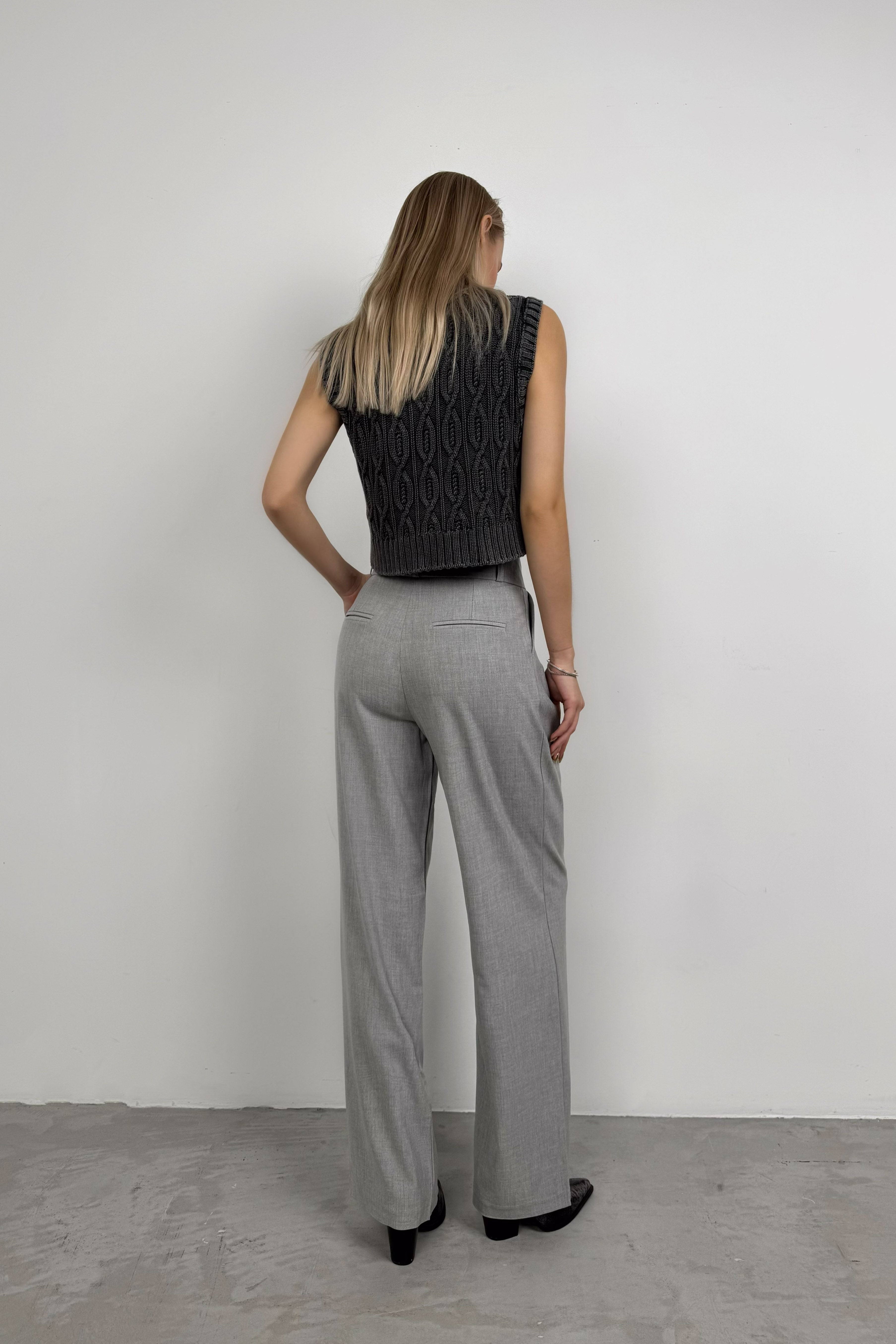 Foldover Waist Light Gray Palazzo Pants