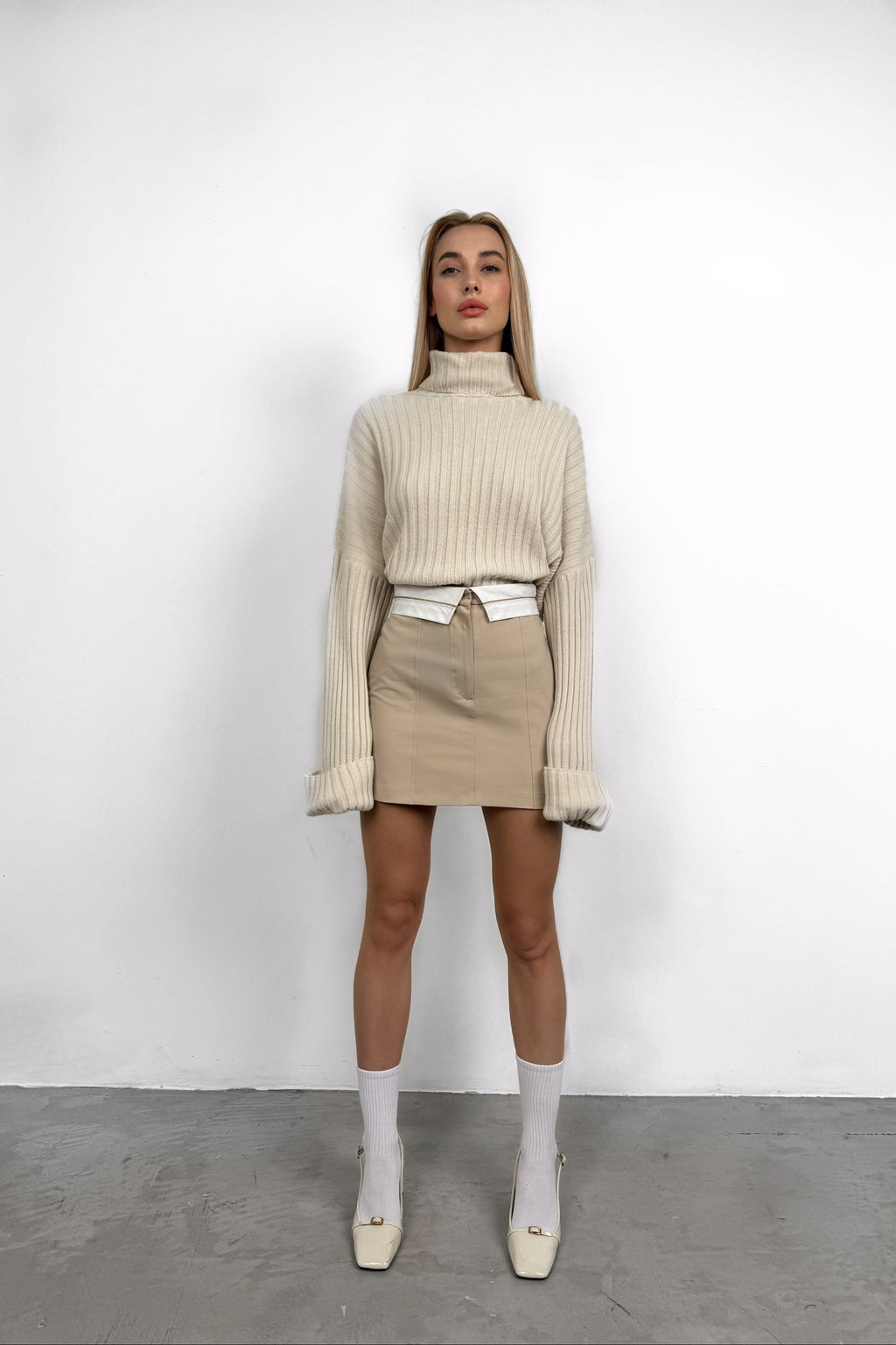 Foldover Waist Beige Mini Skirt
