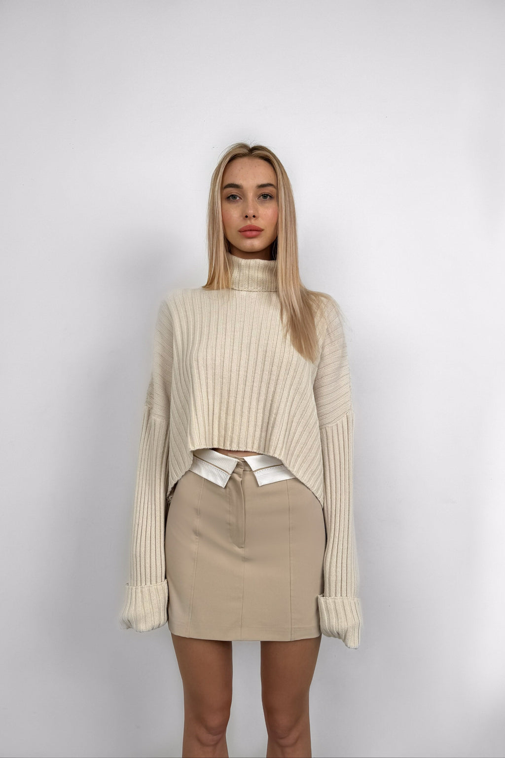 Foldover Waist Beige Mini Skirt