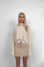 Foldover Waist Beige Mini Skirt