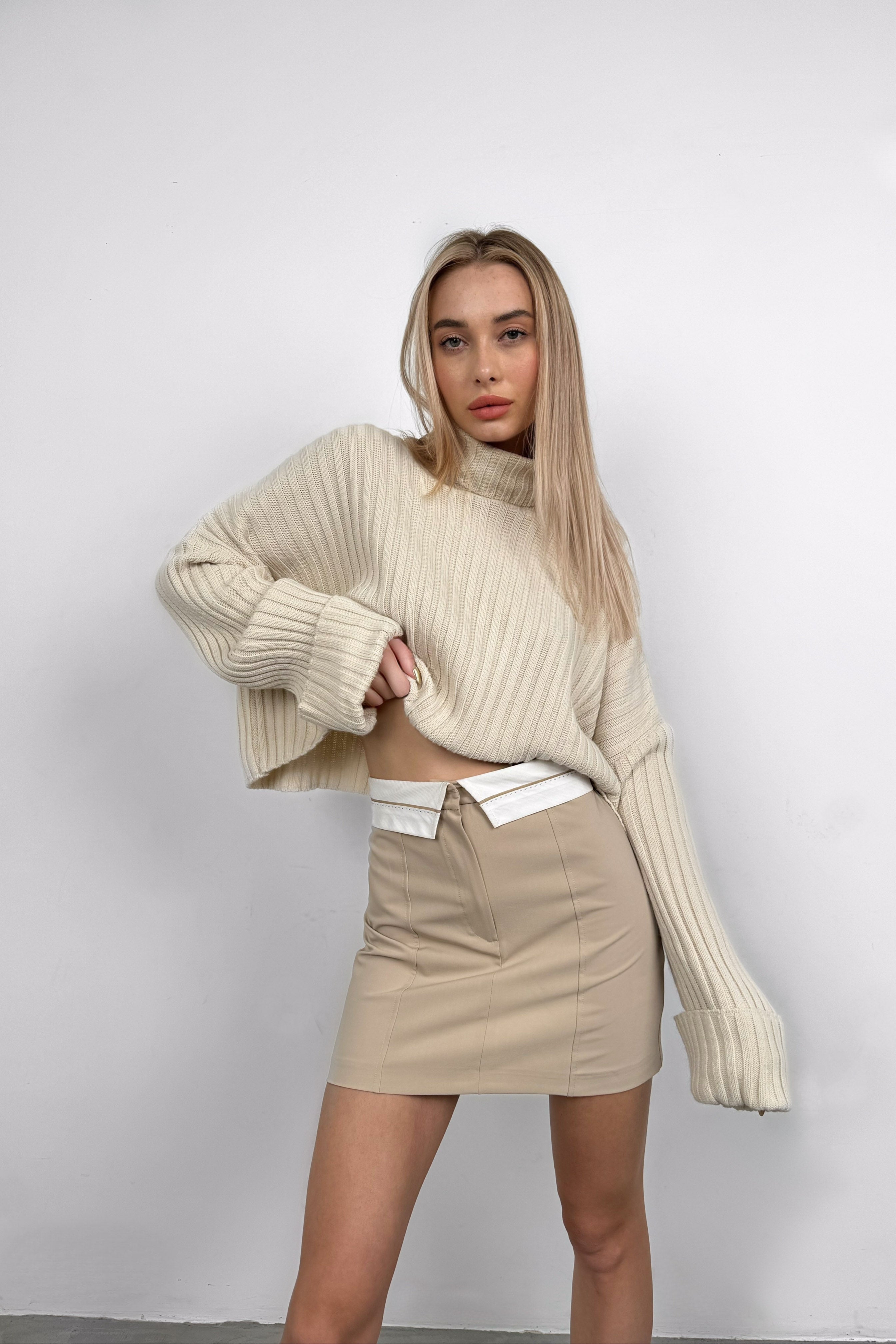 Foldover Waist Beige Mini Skirt