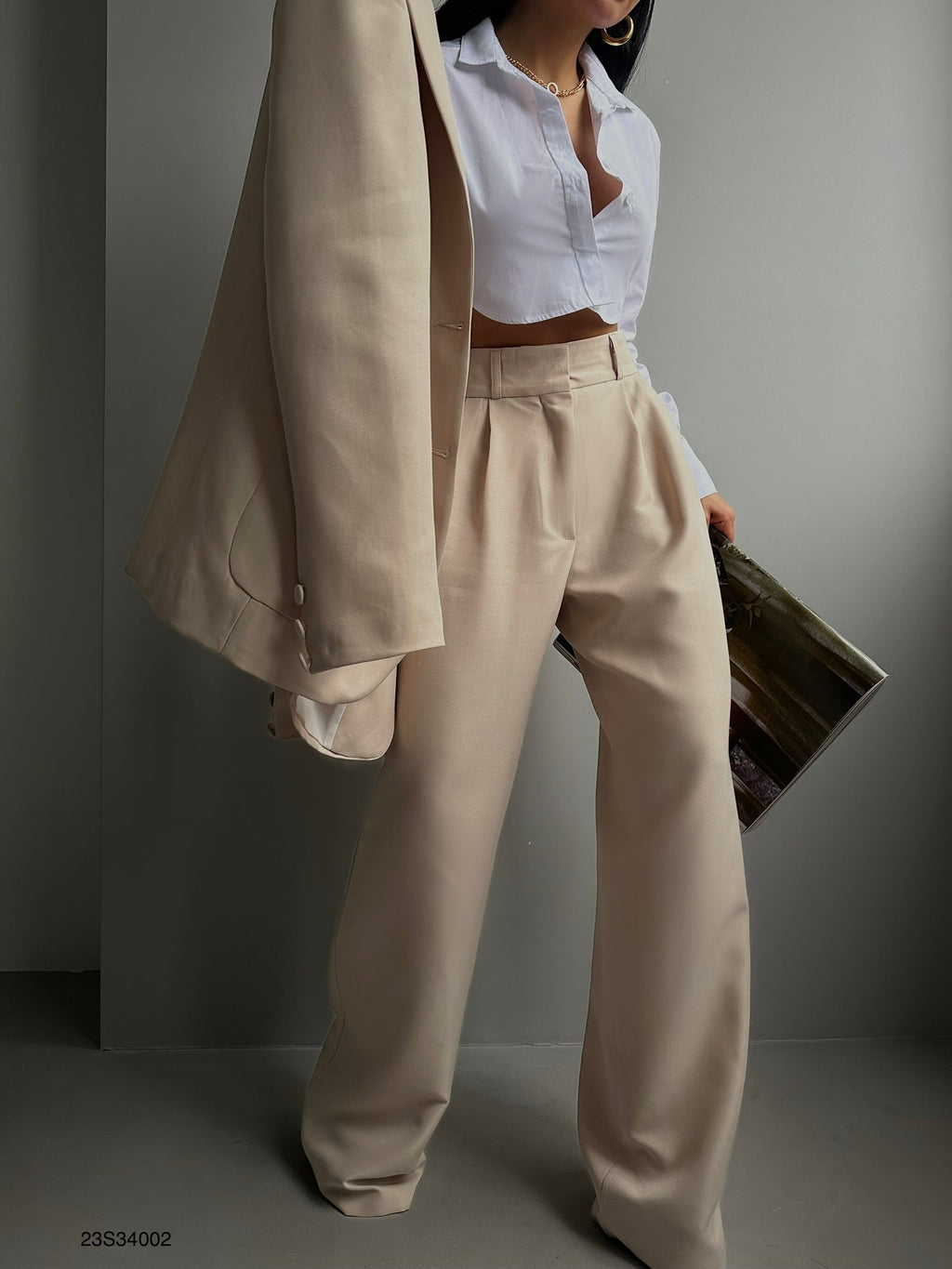 Foldover Waist Beige Pants Blazer Jacket Set