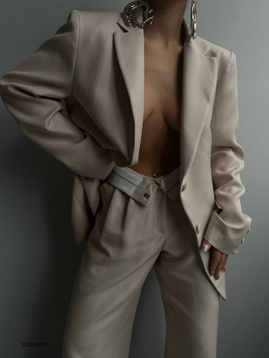 Foldover Waist Beige Pants Blazer Jacket Set