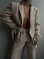 Foldover Waist Beige Pants Blazer Jacket Set