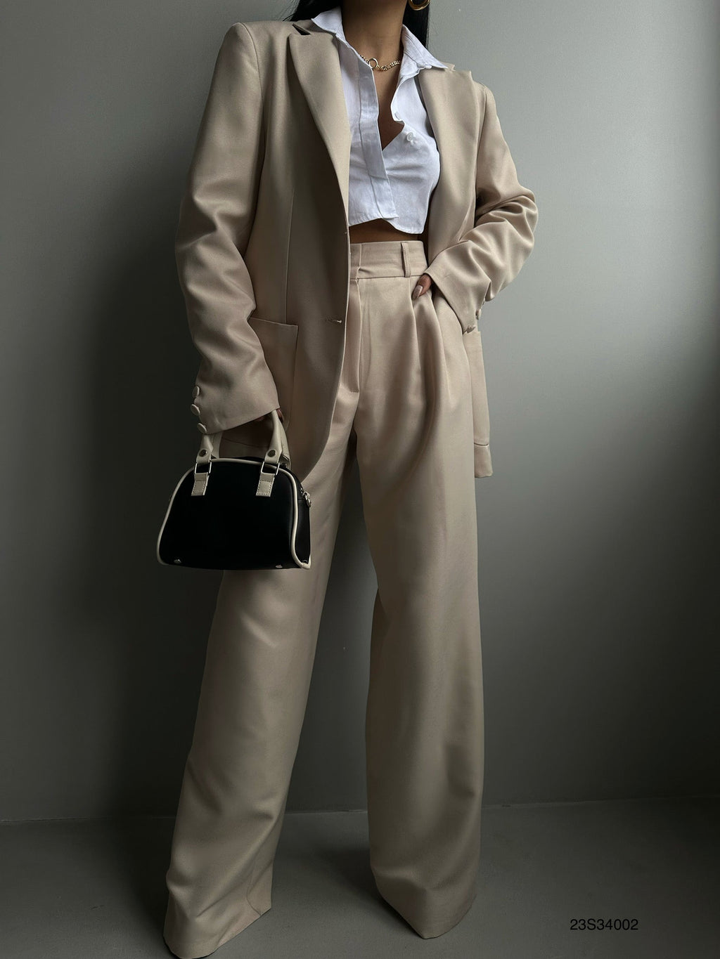 Foldover Waist Beige Pants Blazer Jacket Set