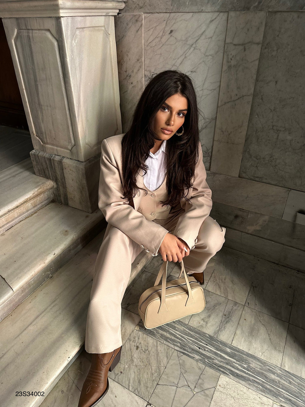 Foldover Waist Beige Pants Blazer Jacket Set