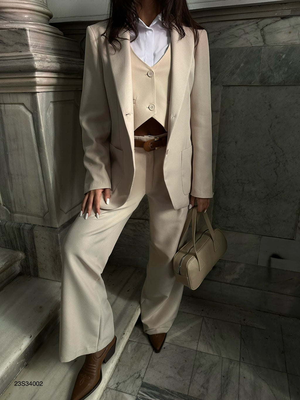 Foldover Waist Beige Pants Blazer Jacket Set