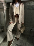 Foldover Waist Beige Pants Blazer Jacket Set