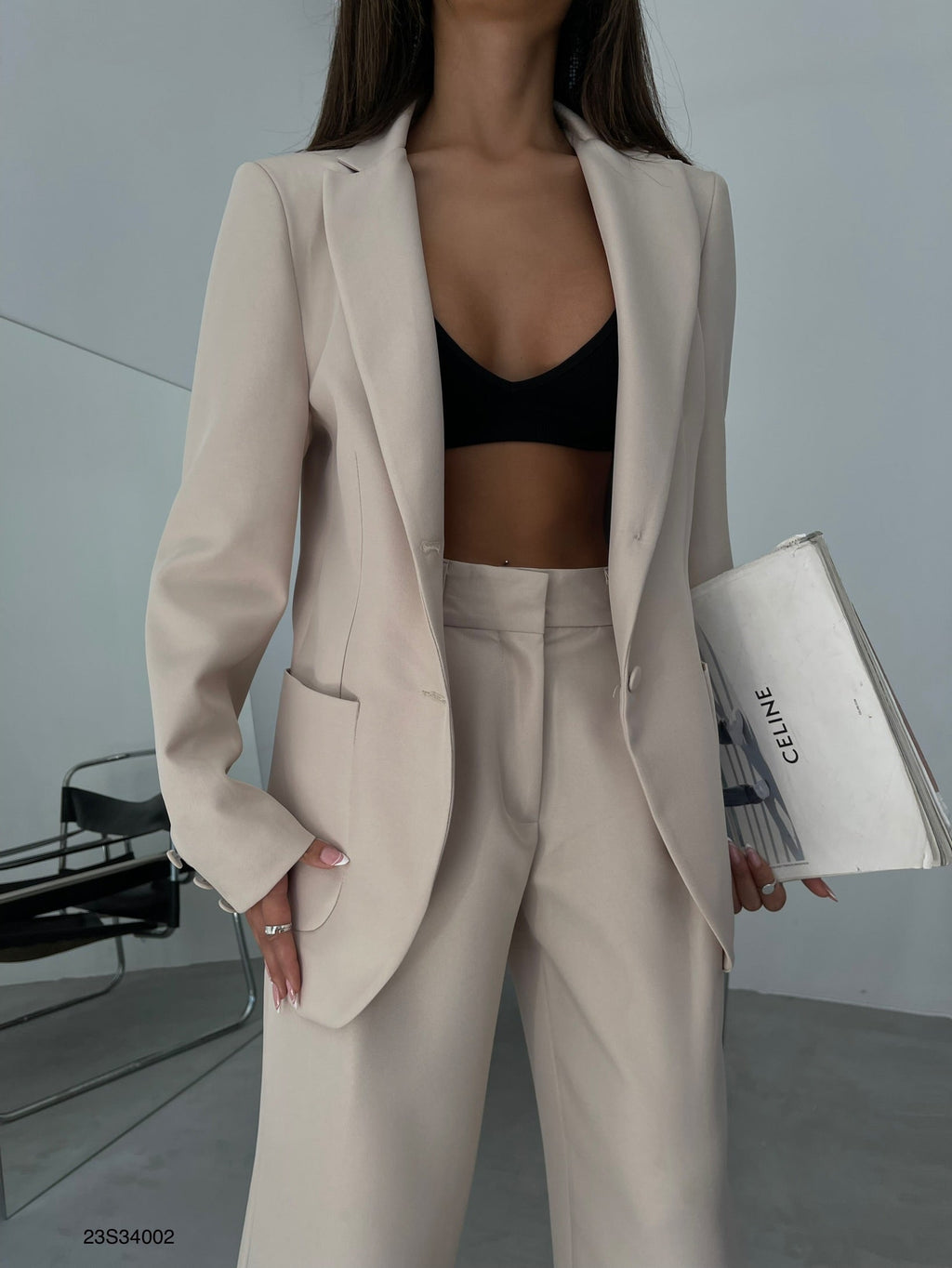 Foldover Waist Beige Pants Blazer Jacket Set