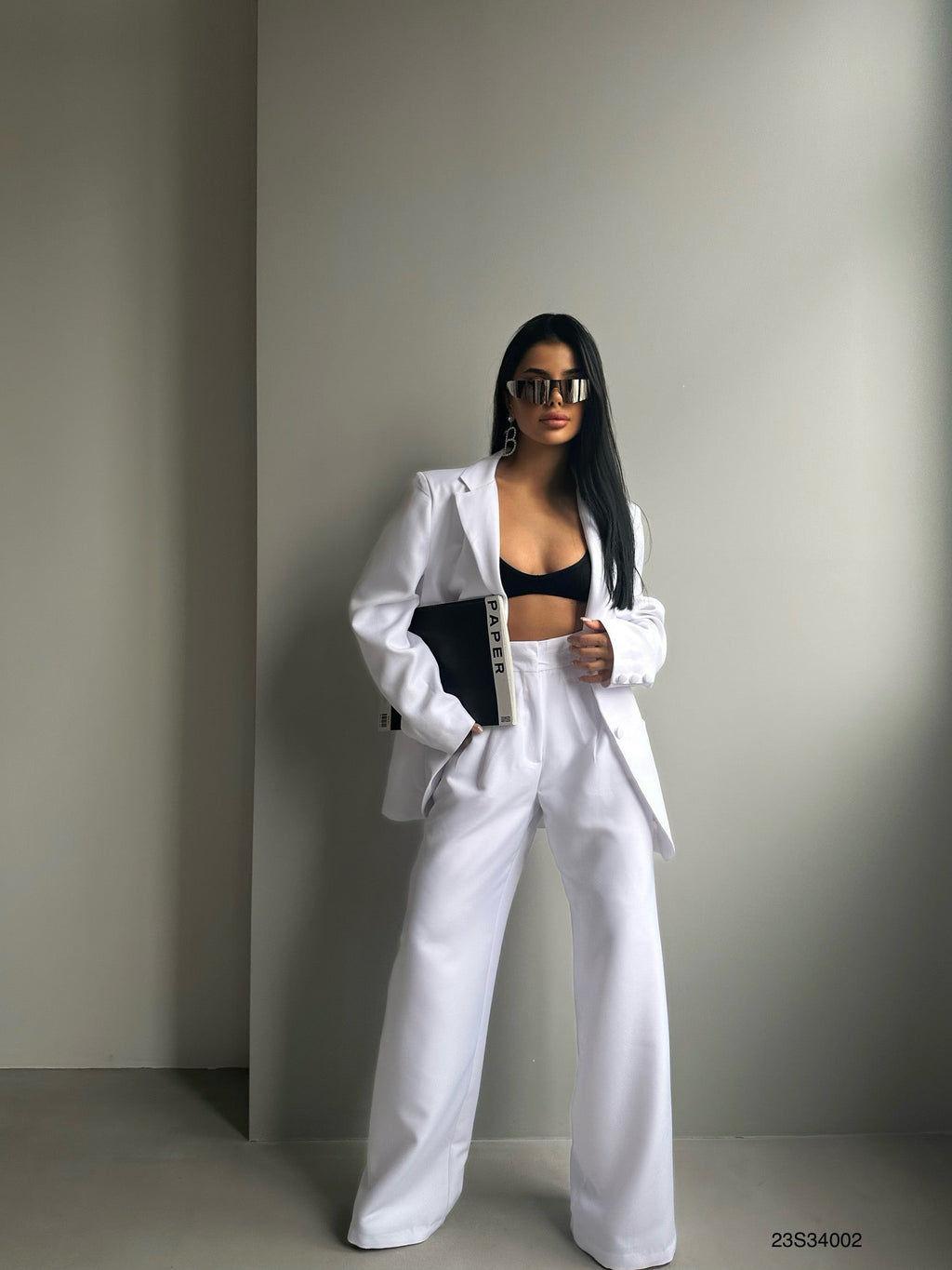 Foldover Waist White Pants Blazer Jacket Set