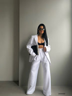 Foldover Waist White Pants Blazer Jacket Set